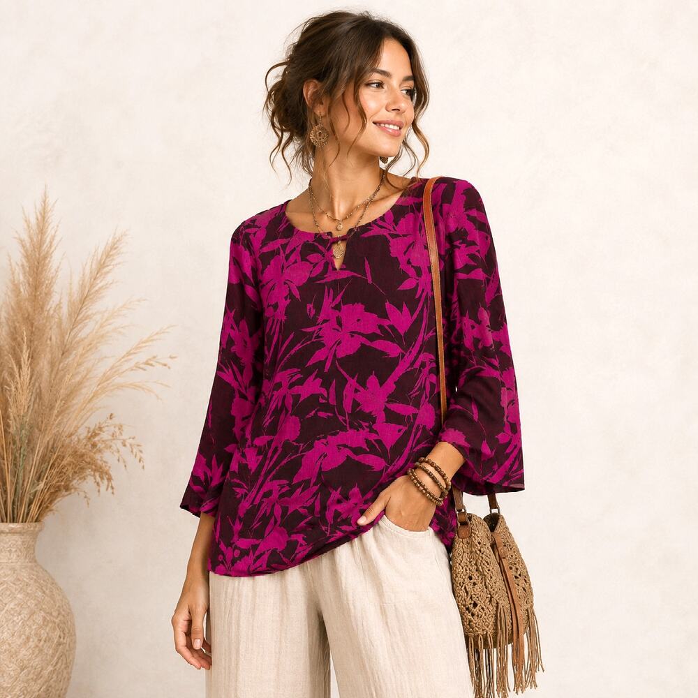 Soft Surroundings Rayon Blend Blouse Women's Size L Pink Tropical Coastal Casual